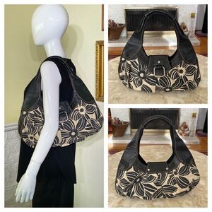 FOSSIL Black / Cream Floral Print Linen Canvas & Leather Hobo Shoulder Bag